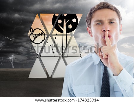 Businessman with finger on lips against balcony and stormy sky
