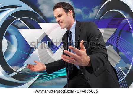 Businessman posing with arms out against abstract blue and purple line design