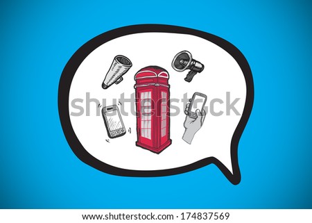 Phone box in speech bubble doodle against blue background with vignette