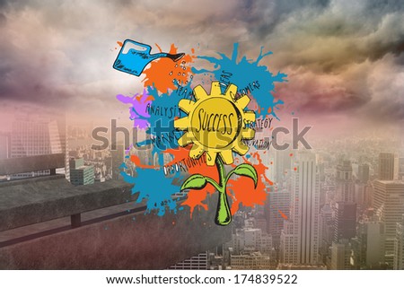 Success concept on paint splashes against balcony overlooking city