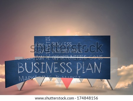 Business plan on abstract screen against red and grey arrows pointing against sky