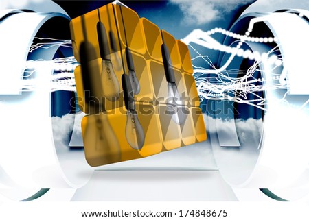 Light bulbs on abstract screen against white lines with cloud design on a futuristic structure