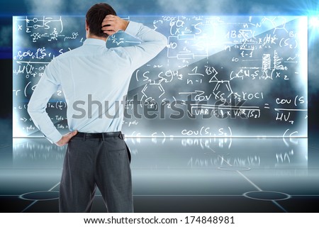 Thinking businessman with hand on head against math equation background