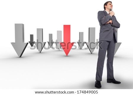 Thoughtful businessman holding pen to chin against red and grey arrows pointing down