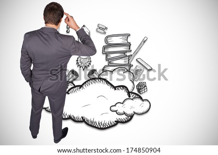 Thinking businessman scratching head against education illustration
