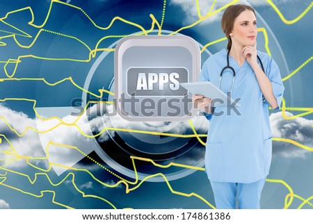 Thoughtful female doctor against abstract yellow line design on blue sky