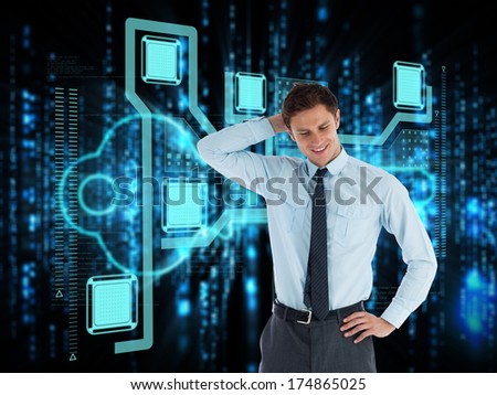 Thinking businessman with hand on head against glowing blue key on black background