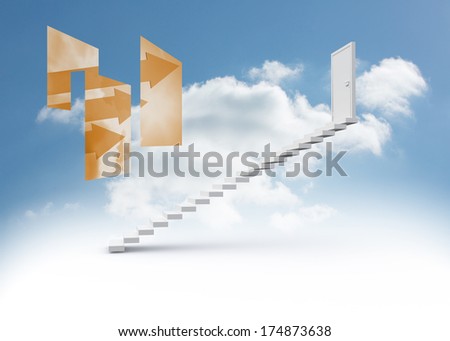 Orange arrows on abstract screen against steps leading to closed door in the sky