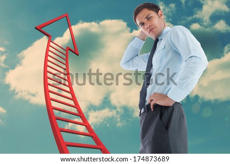Thinking businessman with hand on head against red ladder arrow pointing up against sky