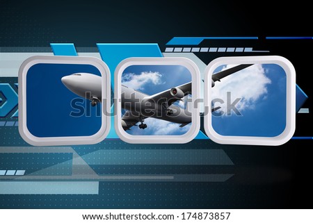 Airplane on abstract screen against arrows on technical background