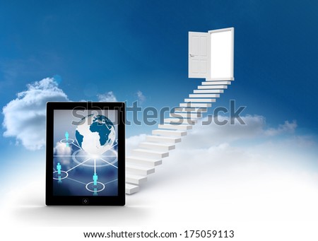 Globe and figures on tablet screen against steps leading to open door in the sky