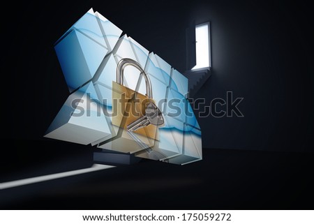 Lock and key on abstract screen against door opening revealing light at top of steps