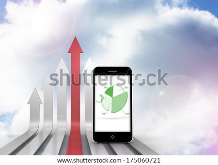 Pie chart on smartphone screen against red and grey curved arrows pointing up against sky