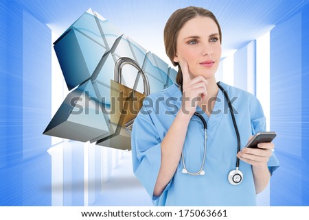 Young woman doctor thinking against bright blue room with windows