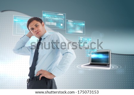 Thinking businessman with hand on head against wave on futuristic background