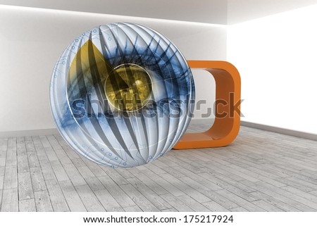 Eye scanning on abstract screen against orange structure in a grey room