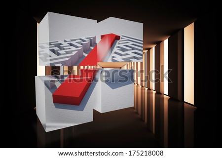 Arrow through maze on abstract screen against lit up black modern hallway