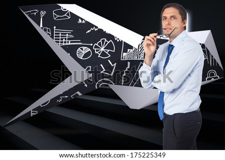 Thinking businessman biting glasses against steps leading to light in the darkness