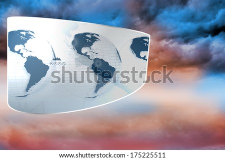 Earth interface on abstract screen against blue orange cloudy sky background