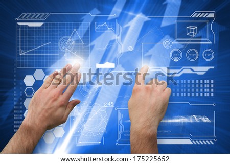 Hands pointing and presenting against futuristic shiny arrow pointing upwards