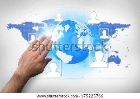Hand presenting against blue world map on white background