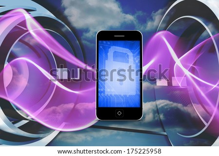 Blue lock on smartphone screen against purple wave design on blue sky