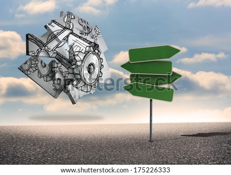 Dollar machine on abstract screen against green road signs against blue sky