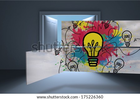 Light bulb and paint splashes on abstract screen against door opening in dark room to show sky