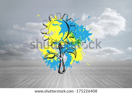 Sunflower on paint splashes against clouds in a room