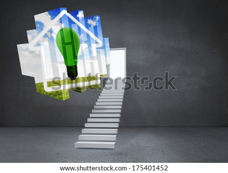 Green light bulb on abstract screen against open door at top of steps