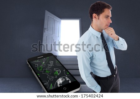 Thoughtful businessman with hand on chin against steps leading to open door showing light