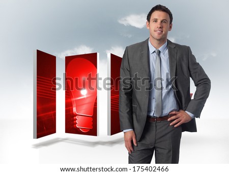 Smiling businessman with hand on hip against red spiral arrow in the sky