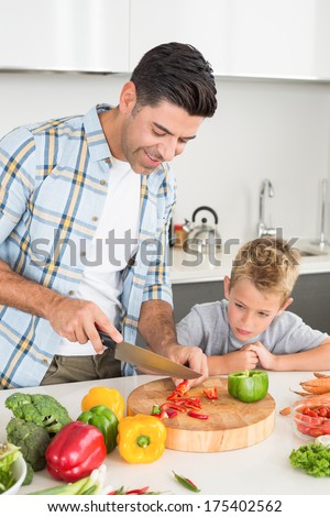 Handsome father teaching his son how to chop vegetables at home in kitchen