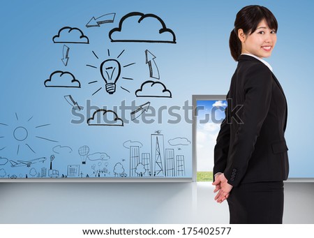 Smiling businesswoman against brainstorm on blue wall with open door