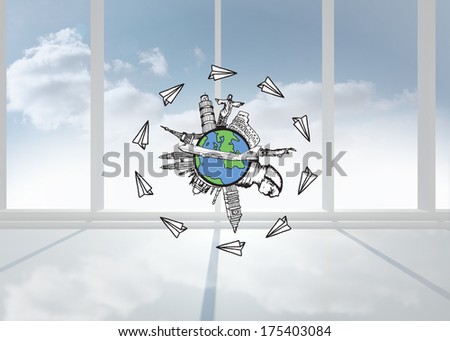 Landmarks of the world with airplane doodle against bright white room with windows