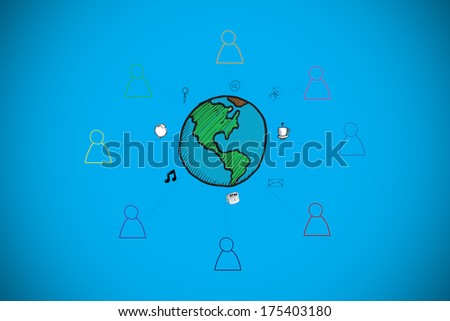 Global community doodle against blue background with vignette