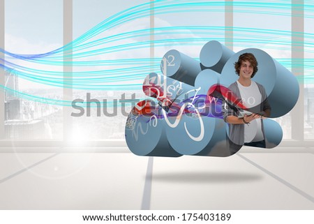 Student with tablet on abstract screen against abstract blue line design in room