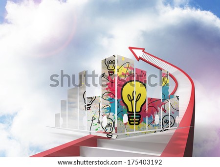 Light bulb on abstract screen against red staircase arrow pointing up against sky