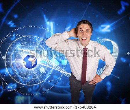 Thinking businessman scratching head against blue background with letters, elements of this image furnished by NASA