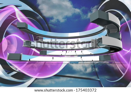 Tiny business people on abstract screen against purple wave design on blue sky
