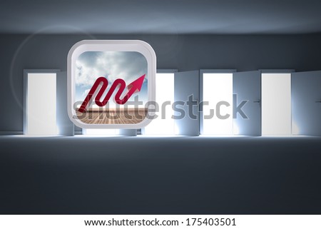 Red arrow on abstract screen against doors opening revealing light