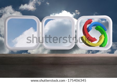 Arrows in sky on abstract screen against balcony and cloudy sky