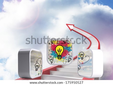 Light bulbs on abstract screen against red staircase arrow pointing up against sky