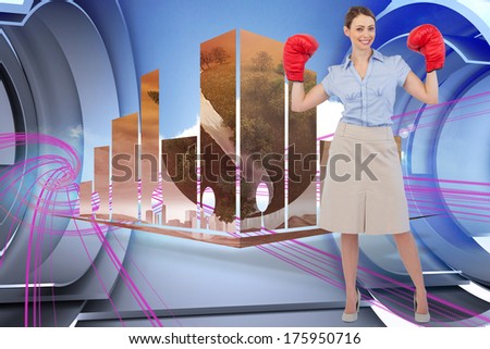 Buisnesswoman posing with boxing gloves against abstract pink design in futuristic structure