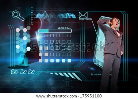 Thinking businessman scratching head against keyhole on technological black background