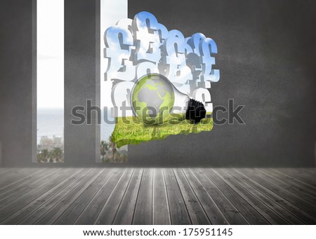 Earth in light bulb on abstract screen against grey room with windows showing the ocean
