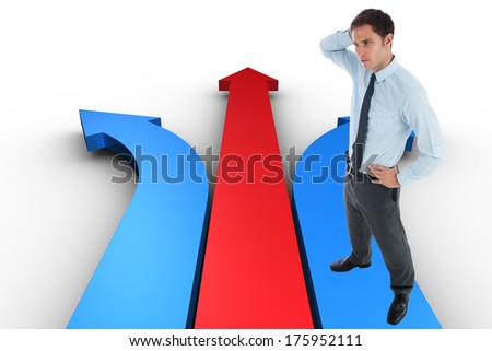 Thinking businessman with hand on head against red and blue arrows pointing