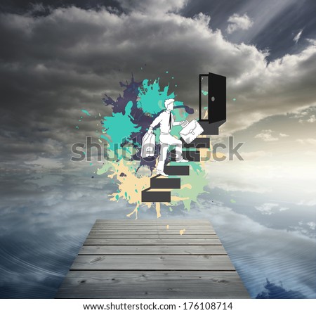 Career progression concept on paint splashes against bridge over peaceful water