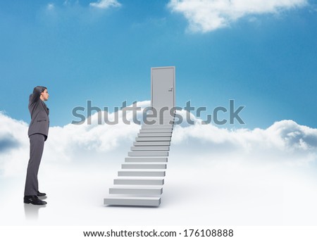 Thinking businessman scratching head against shut door at top of stairs in the sky