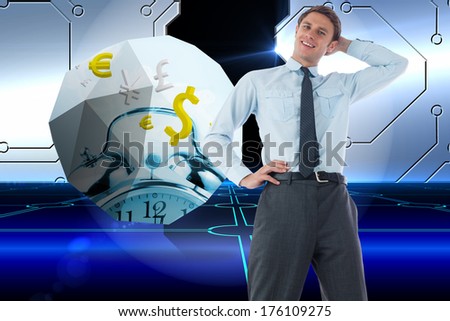 Thinking businessman with hand on head against doorway on technological background